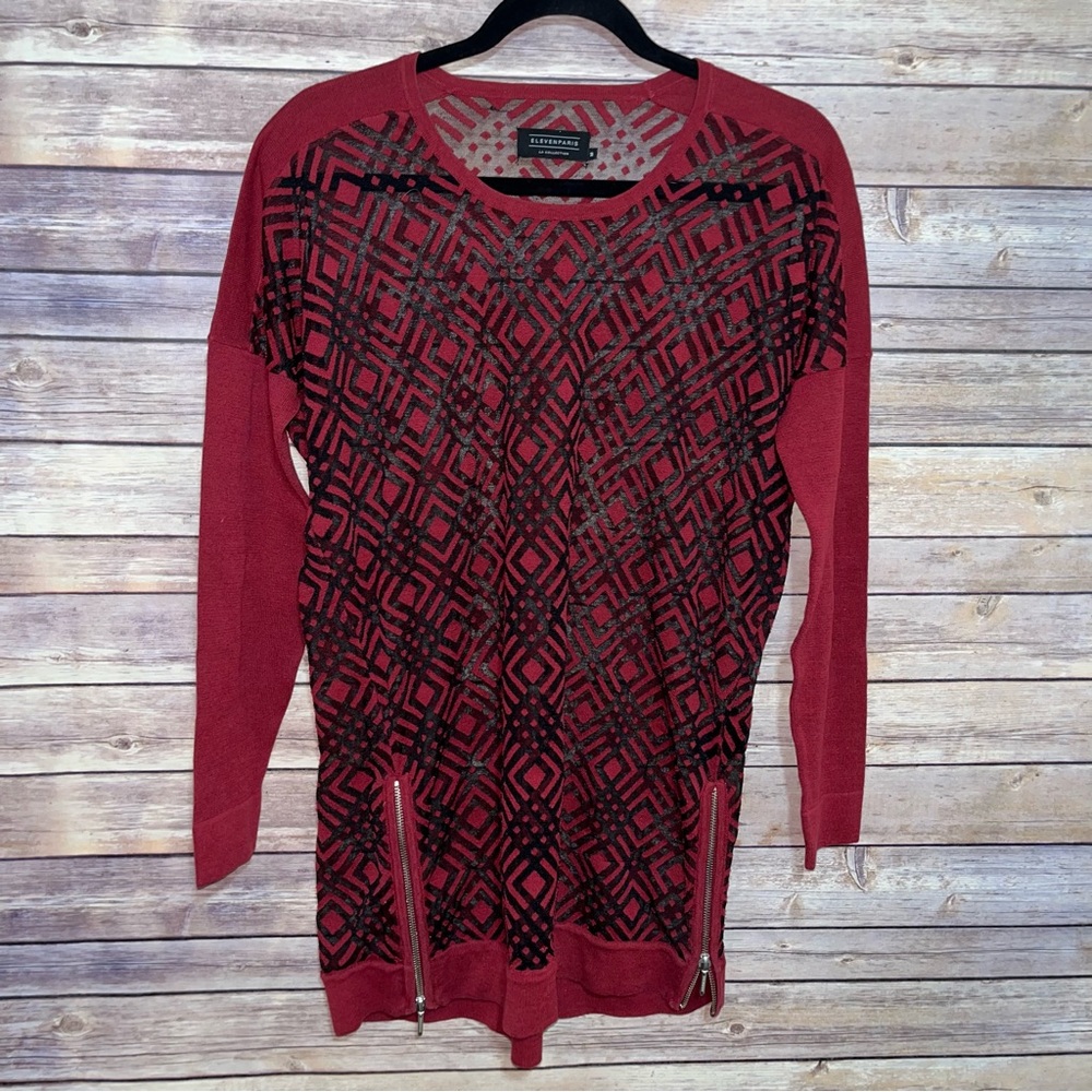 Eleven Paris Sheer Red Long Sleeve Geometric Top Medium Zippers at Sides c4